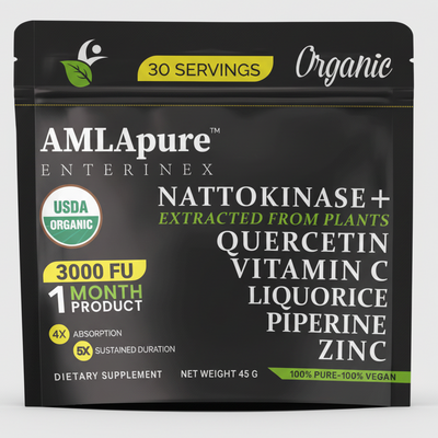 Packaging of AMLApure Enterinex, featuring an orange and black design, with labels such as 'Organic', '30 Servings', and 'USDA Organic'. The product includes Nattokinase, Quercetin, Vitamin C, Licorice, and Zinc.